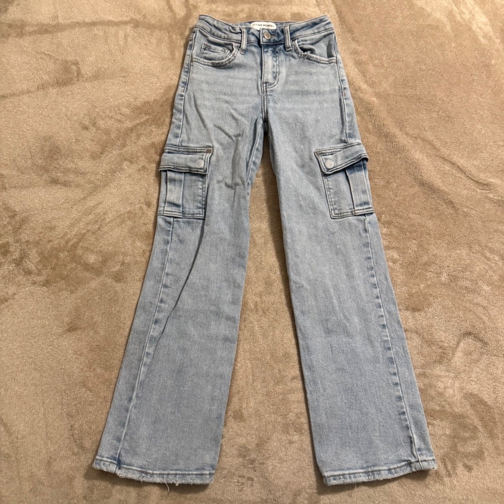 Flying Monkey Youth Girls Light Wash Wide Leg Cargo Jeans Size 10 Frayed Hem